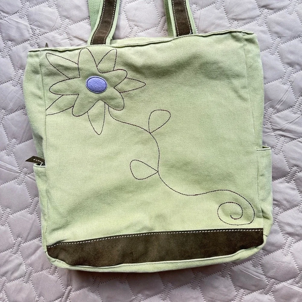 Vintage Sage Green Canvas Flower Tote Bag Brown Suede Trim‎ Y2K Aesthetic